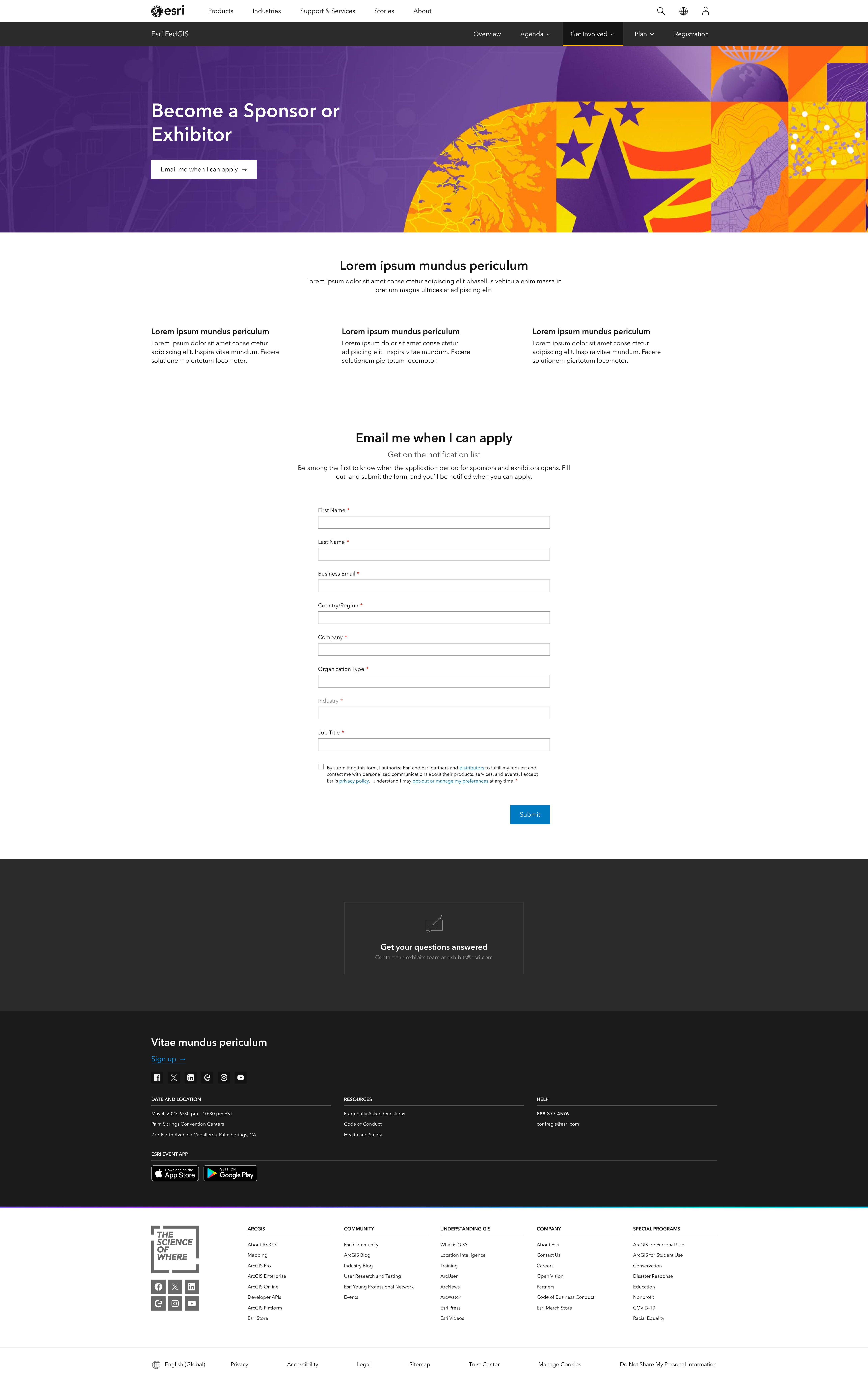Become a Sponsor page in the Notify Me phase, with an Email me when I can apply CTA and notification signup form in place of package details